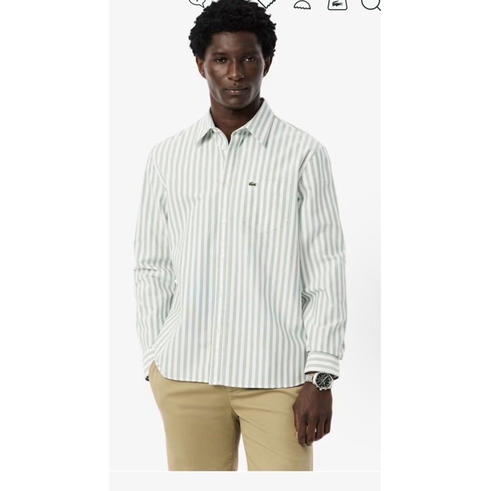 New! Lacoste Men's Regular Fit Striped Oxford Shirt 46-2XL Green White